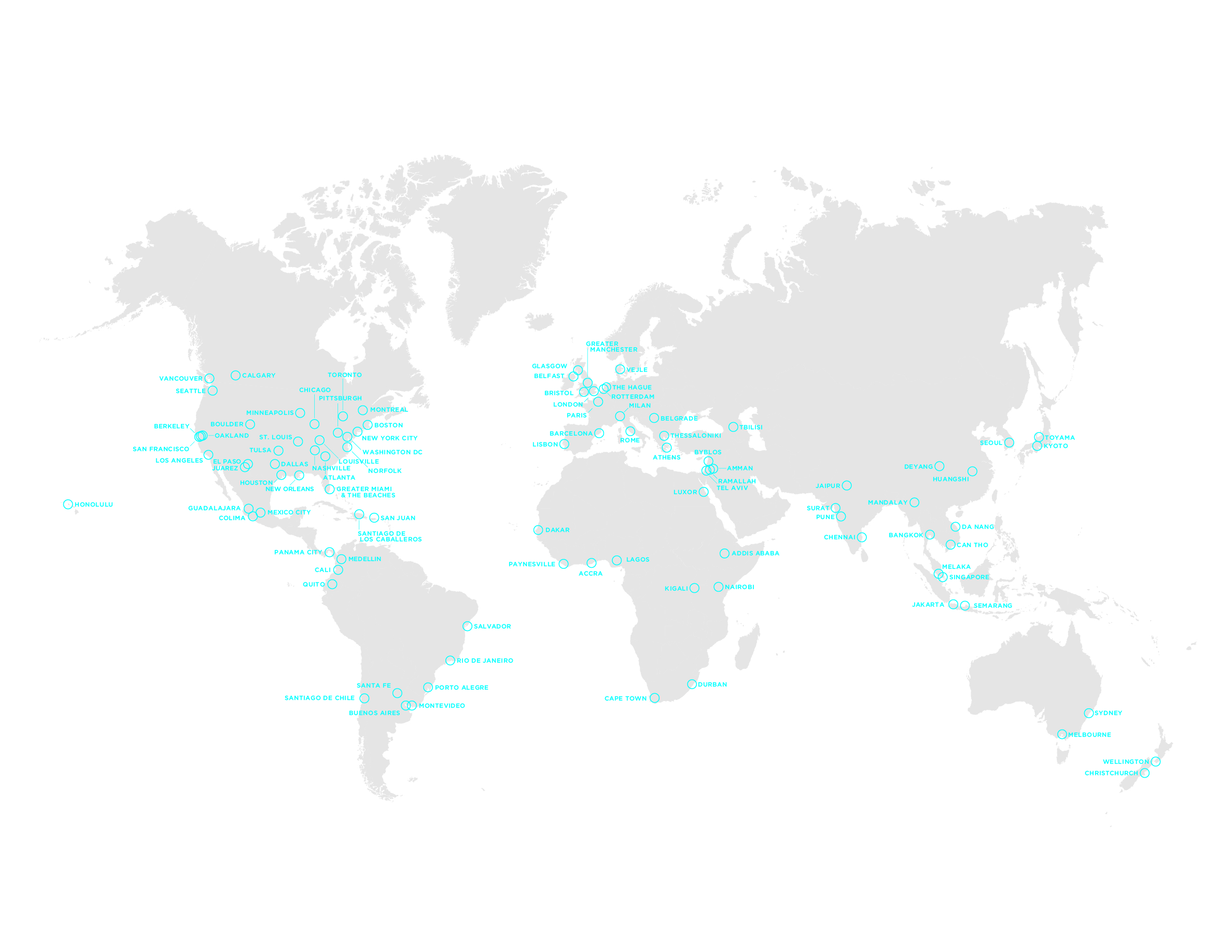 A map of the 100 Resilient Cities. See http://www.100resilientcities.org/cities/ for the full list